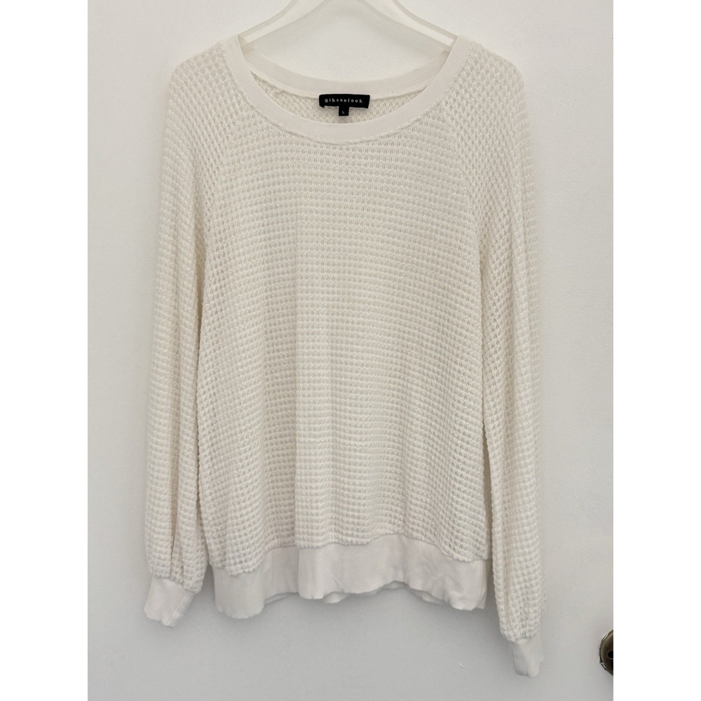 GIBSON LOOK Sweatshirt Women's L Ivory Crewneck Long Sleeve Lagenlook/Slouchy